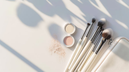 Top view of cosmetic bag with different brushes, scattered powder and blush. Light pastel color palette. Generative AI.の素材