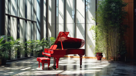 Classic grand red piano in aesthetic minimalist style room interior full of light. Musical concept. Generative AI.の素材