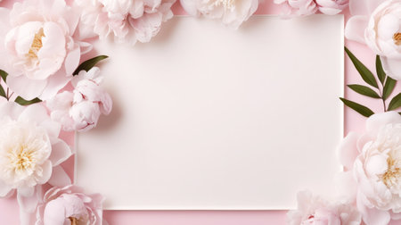 Aesthetic frame mockup decorated with tender light peonies. Invitation or greeting concept Layout. Generative AI.の素材