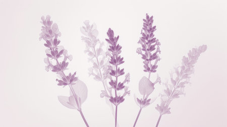Aesthetic botanical x-ray of lavender. Harmonious forms. Minimalism concept. Light color palette. Generative AI.の素材