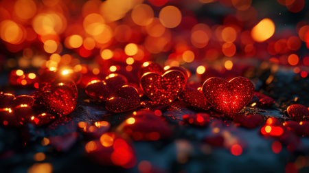 Romantic abstract glitter background with red sparkling hearts. Bokeh backdrop. Valentine's day concept. Generative AI.の素材