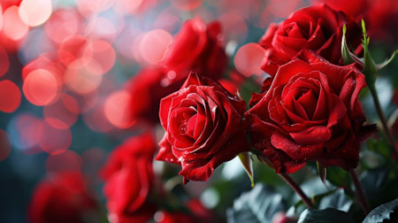 Close up of red roses bouquet on blurred sparkling backdrop. Love romantic concept. Valentine's day. Generative AI.の素材