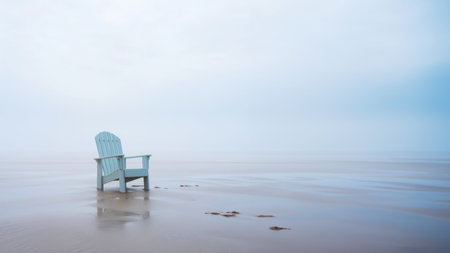 Lonely chair on white sand of tranquil beach of sea covered with mist. Generative AI.の素材