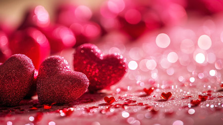 Close up of pink glitter hearts on sparkling background. Copy space. Valentines Day. Romantic Concept. Generative AI.の素材