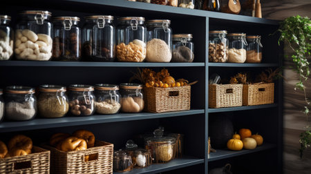 Organization of food storage. Cozy pantry with glass jars and wicker baskets. Dark color palette. Generative AI.の素材