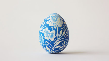 Aesthetic easter egg in traditional blue ethnic painting style. White background. Copy space. Generative AI.の素材
