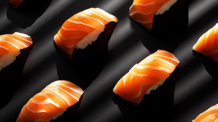 Flat lay of fresh nigiri of salmon and shrimp pattern. Black background. Aesthetic food concept. Generative AI.の素材