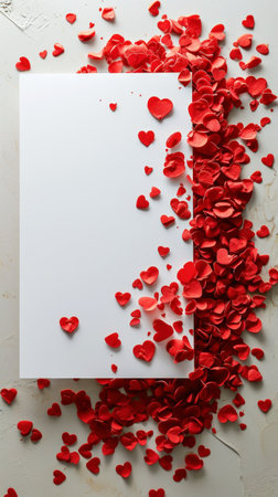 Aesthetic blank paper card mockup with red heart-shaped confetti. Luxury greeting card design concept. Generative AI.の素材