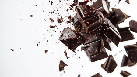 Splash of delicious broken pieces of dark chocolate. White background. Food concept. Generative AI.の素材