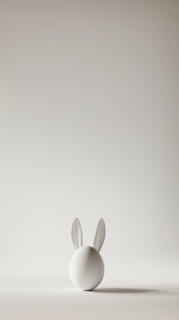 Aesthetic white Easter egg with bunny ears. White background. Creative stylish greeting card. Copy space. Generative AI.の素材