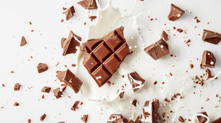 Pieces of delicious broken chocolate float in splashes of milk. Dinamyc white background. Food concept. Generative AI.の素材