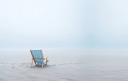 Lonely chair on white sand of tranquil beach of sea covered with mist. Generative AI.の素材