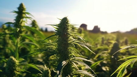 Close up of cannabis sativa bud on a field with soft focus with a sun rays flare. Medical hemp concept. Generative AI.の素材