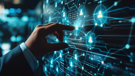 Businessman touching virtual display to connect digital software of network services. Digital future. Generative AI.の素材