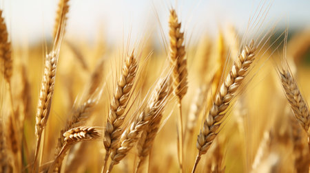 Close up of ripe golden wheat ears, field of wheat in a summer day, sun flare. Harvesting period. Generative AI.の素材