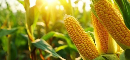Close-up of ripe golden corn cobs in corn plantation field. Agriculture background. Generative AI.の素材