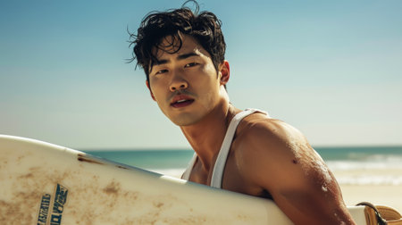 Portrait of a handsome young Asian surfer with a surfboard, blue ocean backdrop. Beach concept. Generative AI.の素材