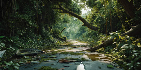 Empty wide abandoned jungle path with fallen trees. Road is covered in moss, ivy and jungle plants. Adventure. Generative AI.の素材