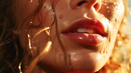 Close up of a wet perfect skin of beautiful girl. Light color palette. Natural beauty concept. Generative AI.の素材