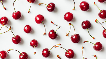 Top view of ripe red cherries trendy pattern. White background. Food modern concept. Generative AI.の素材