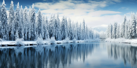 Rows of pines in snow on the lake edge. Serene winter landscape. Generative AI.の素材