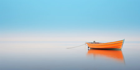 Orange boat in a calm sea waters near a beachline. Calm, tranquil landscape. Generative AI.の素材