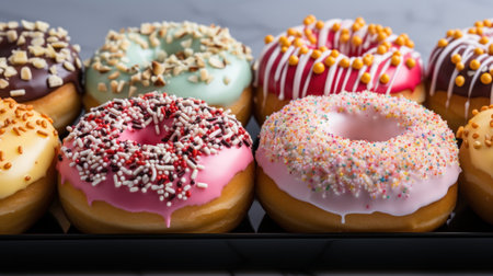 Close-up of variety of glazed delicious colored donuts with colorful sprinkles. Generative AI.の素材