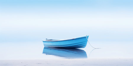 Orange boat in a calm sea waters near a beachline. Calm, tranquil landscape. Generative AI.の素材