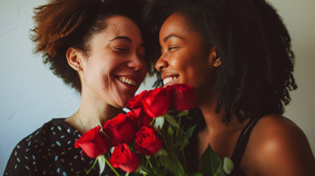 Close up of happy young lesbian couple together holding flowers. Engagement celebration. Pride concept. Generative AI.の素材
