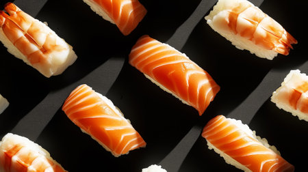 Flat lay of fresh nigiri of salmon and shrimp pattern. Black background. Aesthetic food concept. Generative AI.の素材