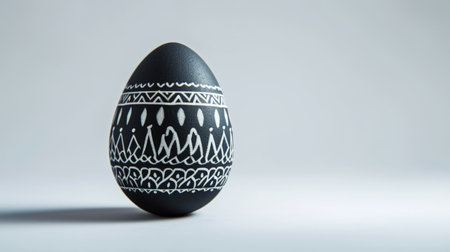 Black and white egg in traditional ethnic painting style. White background. Aesthetic Easter. Copy space. Generative AI.の素材