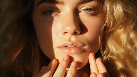 Close up of a blonde woman touching her face with hands. Light color palette. Natural beauty concept. Generative AI.の素材