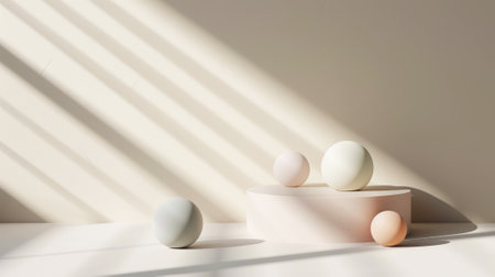 Aesthetic white and beige podium with pastel matte spheres of different sizes. Sun rays. Luxury concept. Generative AI.の素材