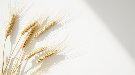 Minimalist elegant composition of wheat. Light background, strong shadows. Aesthetic wedding template. Generative AI.の素材
