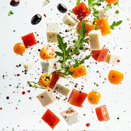 Explosion of salad with tomatoes, cheese, leaves, spices. Healthy eating concept. Restaurant advertising. Generative AI.の素材