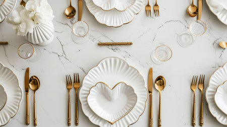 Aesthetically decorated table with heart-shaped plates and gold cutlery. Festive concept. Top view. Generative AI.の素材