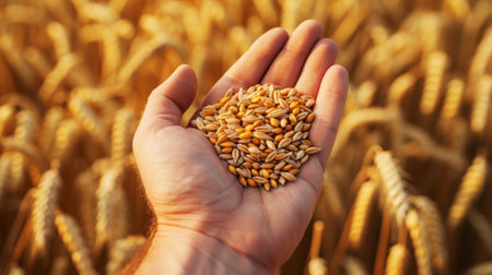 Close-up of wheat grains in hands palms on wheat field background. Rural harvest concept. Generative AI.の素材
