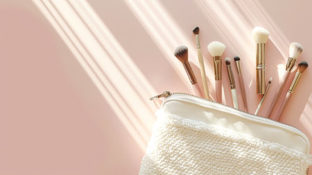 Top view of stylish white cosmetic bag with different brushes. Light pastel color palette. Sunshine. Generative AI.の素材