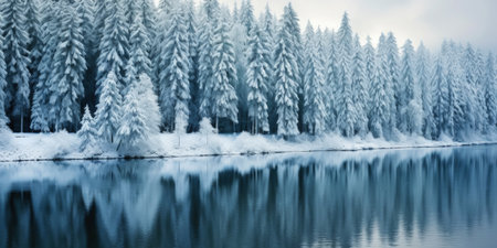 Rows of pines in snow on the lake edge. Serene winter landscape. Generative AI.の素材