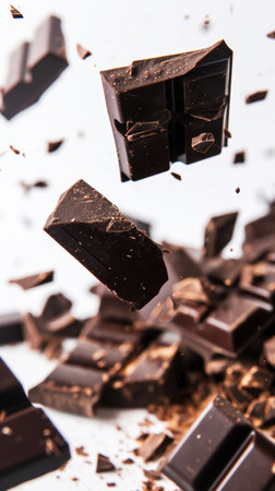 Splash of delicious broken pieces of dark chocolate. White background. Food concept. Generative AI.の素材