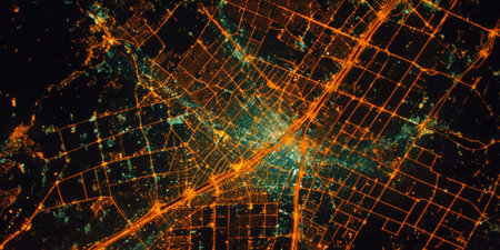 Big city lights view from space. Planet earth globe with night realistic world map. Communication concept. Generative AI.の素材