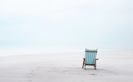 Lonely chair on white sand of tranquil beach of sea covered with mist. Generative AI.の素材