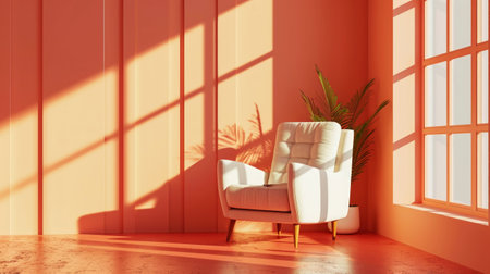 Aesthetic minimalist room interior with a cozy armchair. Peach fuzz color palette. Generative AI.