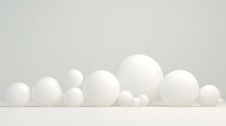 3D white spheres of different sizes and transparency. Pastel color palette. Abstract background. Generative AI.の素材