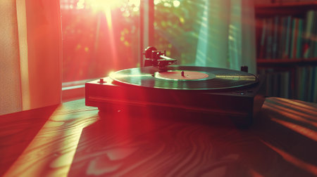 Close-up of turntable retro vinyl record player on wooden table against sunny sunset backdrop. Generative AI.の素材