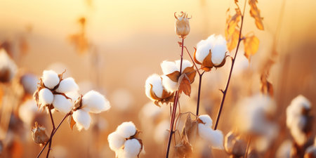 Closeup of cotton balls on a branch in a sunshine rays on the summer field. Generative AI.の素材