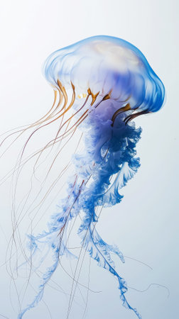 Aesthetic light blue jellyfish floating against light backdrop. Ocean ecosystem concept. Generative AI.の素材