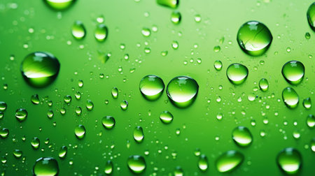 Closeup of water drops sliding on wet surface. Green background. Generative AI.の素材