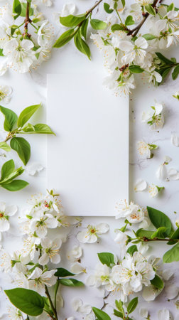 Blank paper card mock-up with Sakura blossoms on white background. Luxury greeting card design concept. Generative AI.の素材
