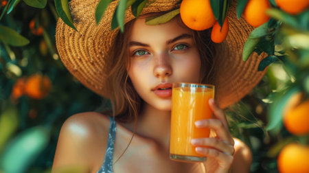 Portrait of a young girl in hat with a glass of freshly squeezed orange juice. Orange garden background. Generative AI.の素材